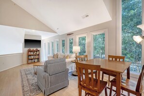 Smart TV, DVD player, foosball, books