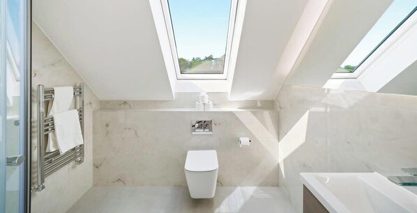 Shower, hair dryer, towels, shampoo