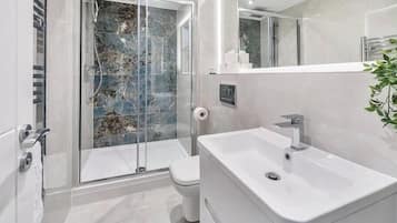 Shower, hair dryer, towels, shampoo