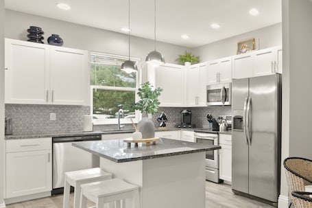 Fridge, microwave, oven, stovetop. Canopy Cabana | Luxury Apt, Steps from Main St