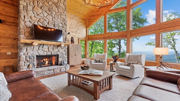 Smart TV, fireplace, books, computer monitors