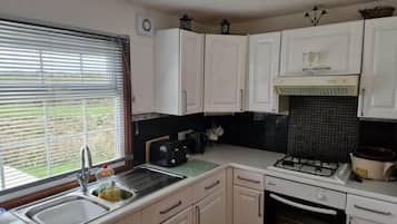 Cabin | Private kitchen | Fridge, microwave, oven, stovetop