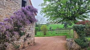 A stone building with a gravel path leading to a green field. - La Maison de Barbara (La Guiche)