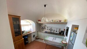 Une cuisine de taille réduite équipée d’un lave-linge, d’un évier et d’un réfrigérateur.