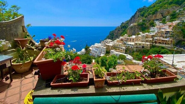 Une terrasse agrémentée de plantes en pot, avec vue sur un village côtier.