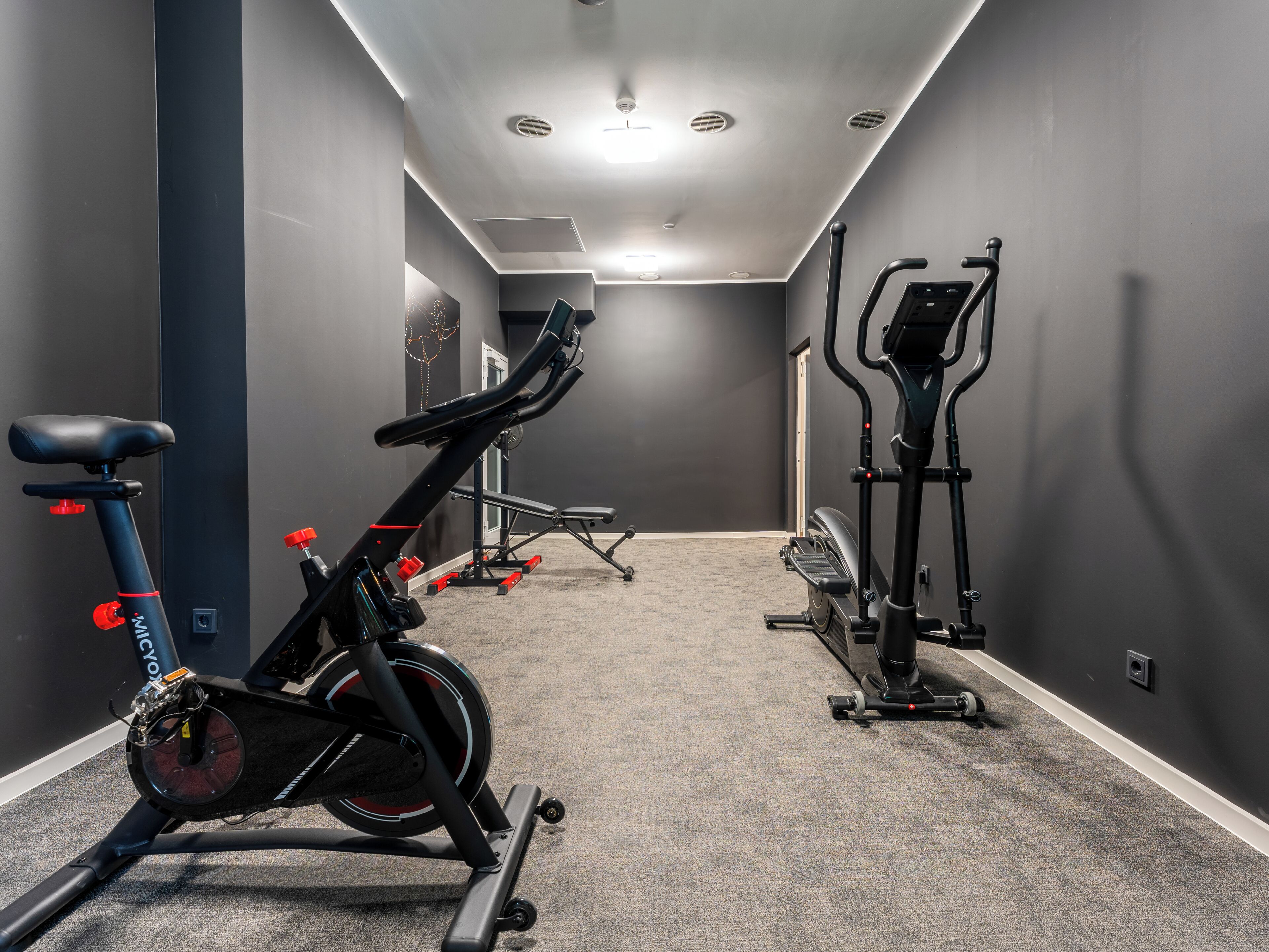 Un gimnasio con bicicletas estáticas, cintas de correr y elípticas.