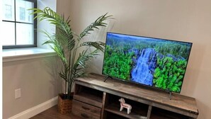 Ein Flachbildfernseher an einer hölzernen TV-Konsole mit mehreren Ablagen, neben einem Fenster mit einem Blumentopf.
