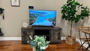 A living room with a television on a wooden stand, a plant, and a remote control on a rug.