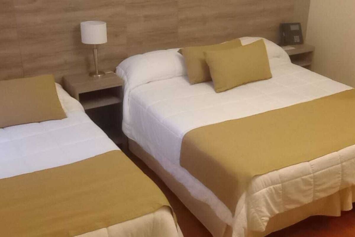 Two single beds with white and brown bedding, a bedside lamp, and a phone on the nightstand.