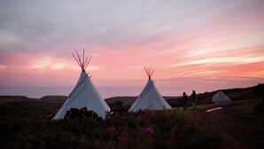 Dos tiendas tipi blancas con picos puntiagudos en un campo de hierba, bajo un cielo al atardecer.