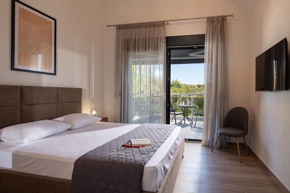 A bedroom with a large bed, a chair, a TV, and a balcony with a table and chairs.