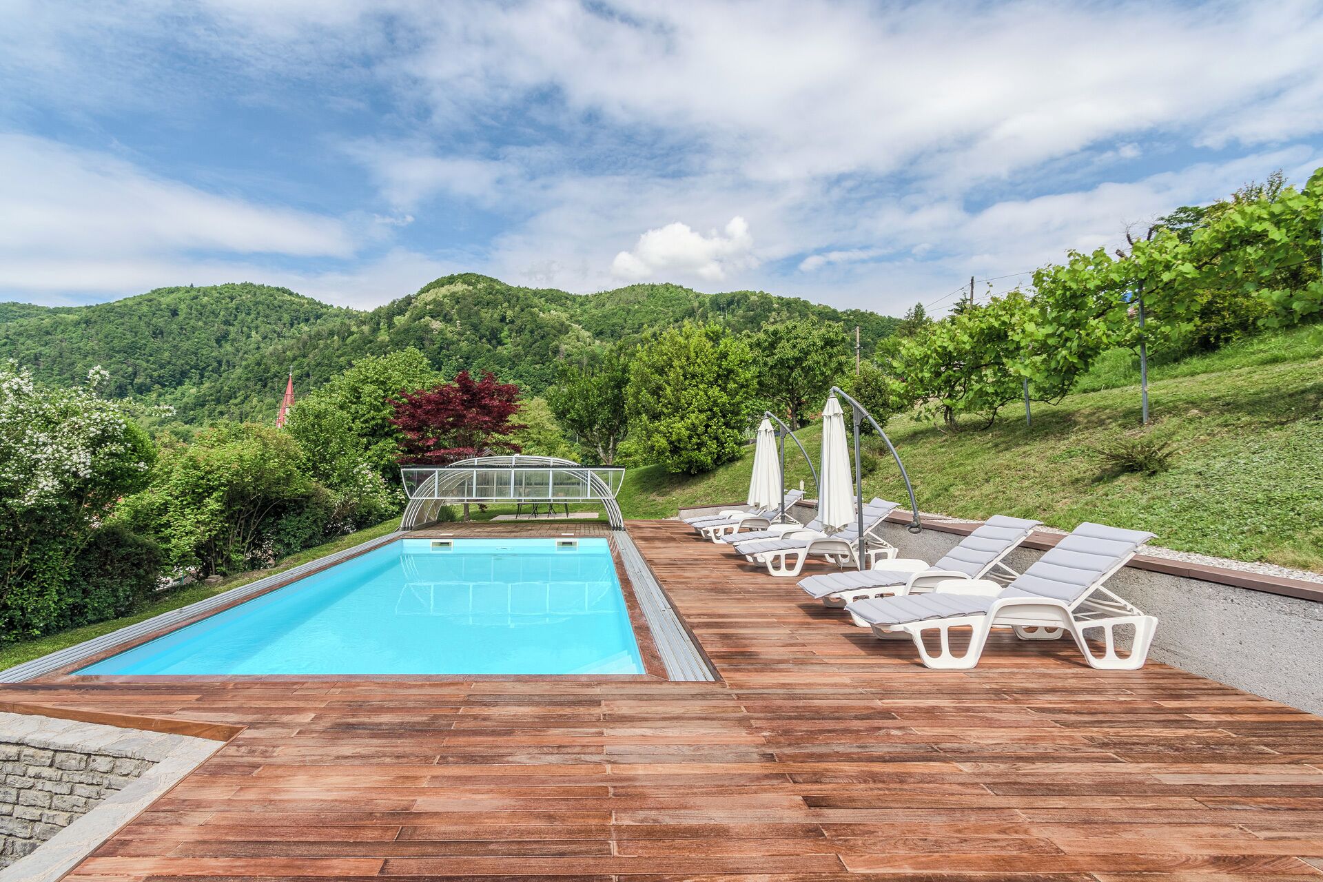 A swimming pool with wooden deck and lounge chairs, surrounded by greenery and hills.