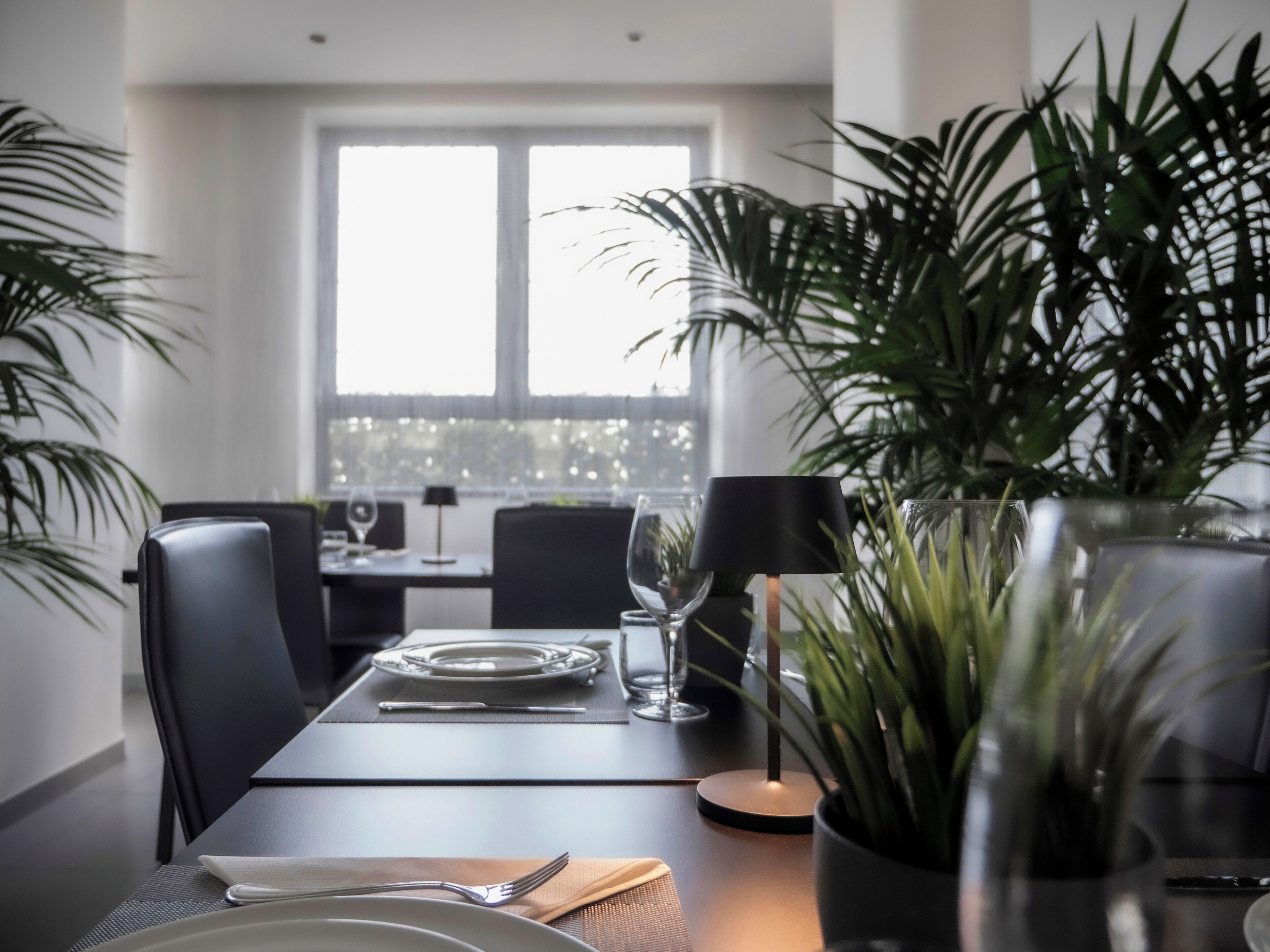 A dining area with a table set for two, a potted plant, and a view of the city through large windows.