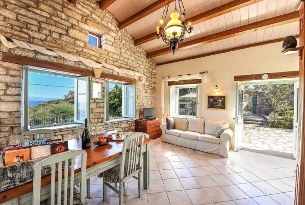 TV, fireplace, books