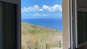 A view through an open window with a clear sky, ocean, and grassy hill. - Gîte Morne aux Vents (Case-Pilote)