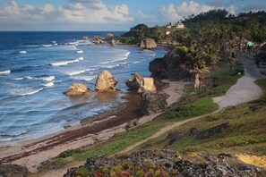 A coastal landscape with a beach, rocky outcrops, and a path leading to a building. - Saint Hill's The homely spot on the south coast (Oistins)