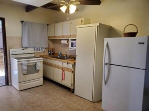Fridge, microwave, stovetop, toaster