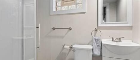 A bathroom with a glass shower enclosure, a toilet, a sink, and a mirror.