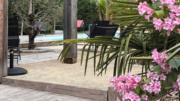Una terraza de madera con piscina, rodeada de plantas tropicales y un área de descanso cubierta.