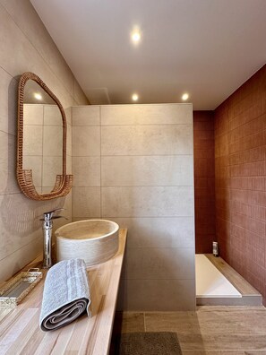 Regadera, secadora de cabello, toallas, papel de baño