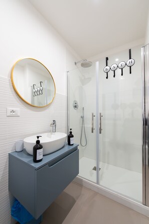 Shower, hair dryer, bidet, towels