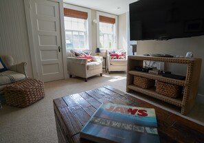 Smart TV, fireplace, books