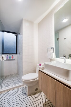 Departamento exclusivo | Baño | Regadera, regadera tipo lluvia, secadora de cabello, toallas 