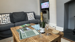 Een woonkamer met een grijze bank, een houten salontafel met een champagnefles en twee glazen, en een televisie aan de muur.