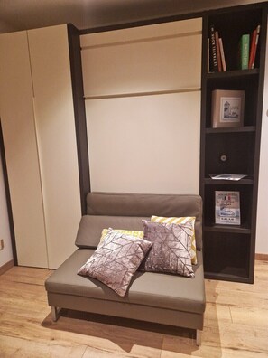 A modern living room with a sofa, pillows, a bookshelf, and a wardrobe.