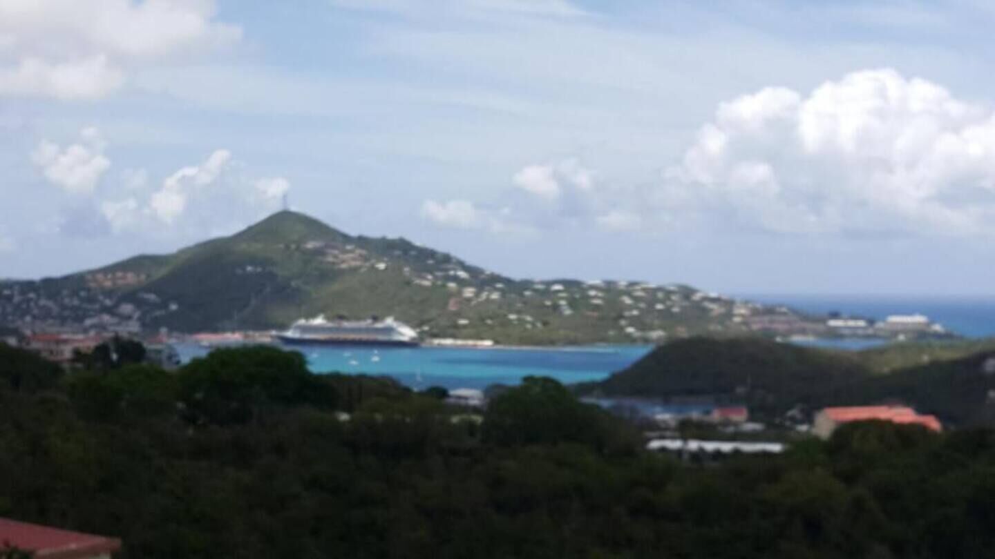 A coastal landscape with a prominent hill, a body of water, and a cruise ship.