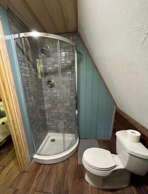 Shower, eco-friendly toiletries, hair dryer, towels