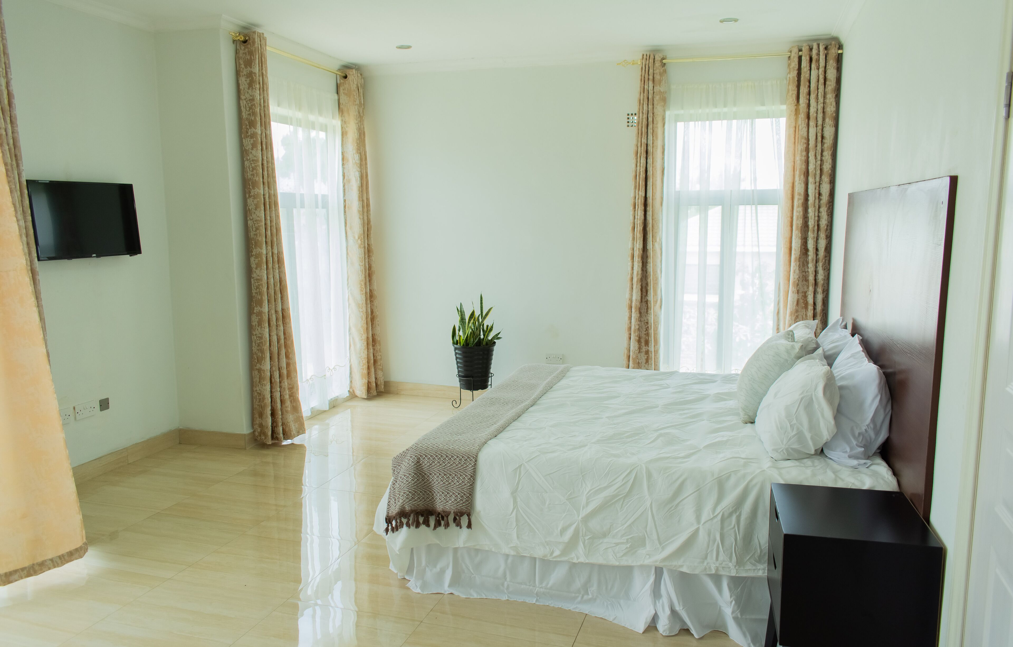 A bedroom with a bed, a TV mounted on the wall, and a potted plant.
