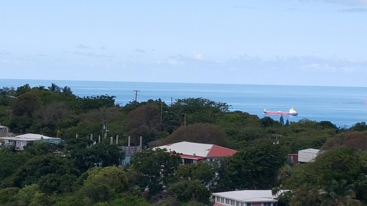 Eine Küstenlandschaft mit Gebäuden, umgeben von üppiger Vegetation, einem Schiffen am Horizont und freiem Blick auf das Meer.