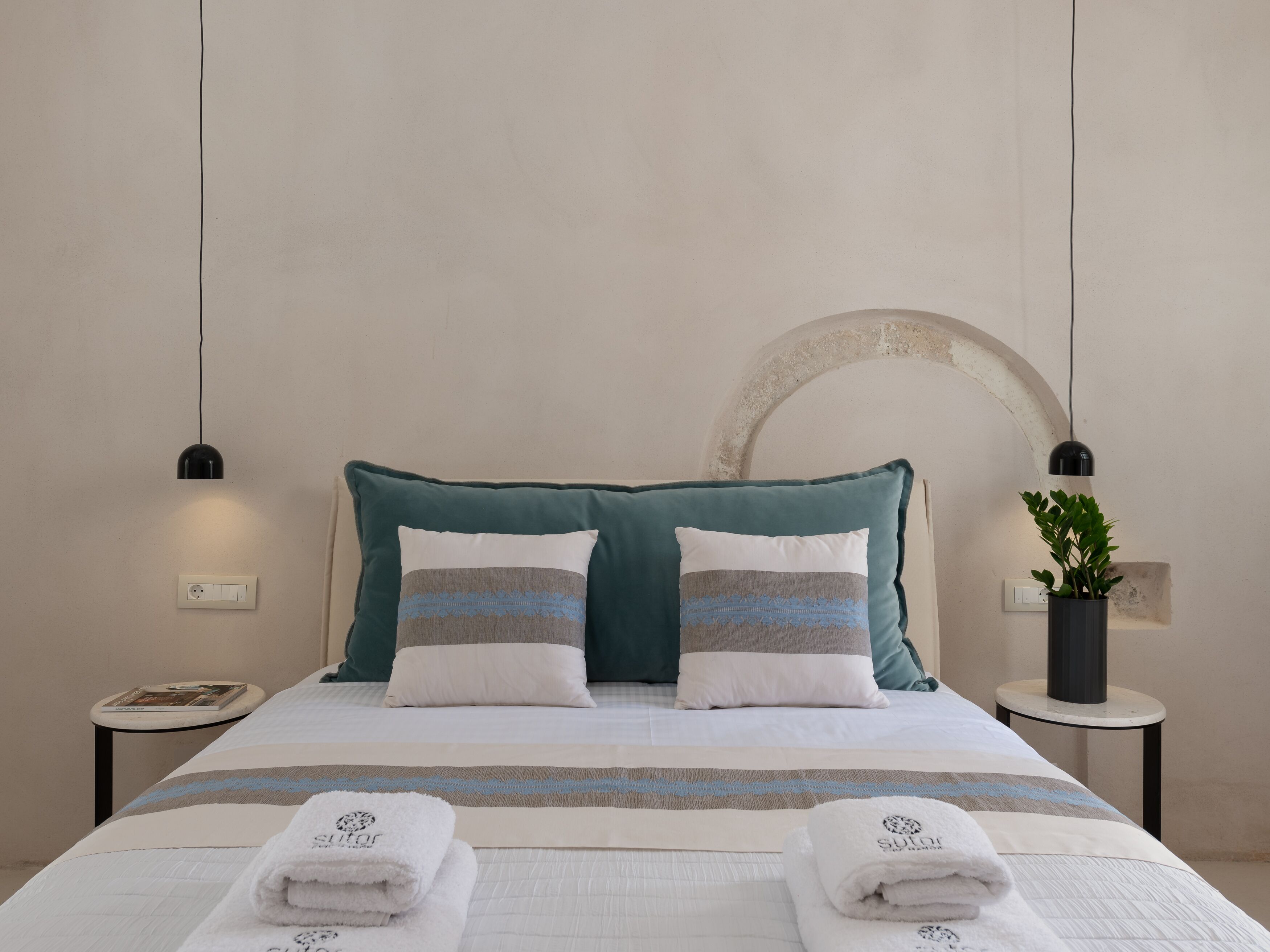 Una cama bien hecha con dos almohadas, una mesita de noche con una planta y una lámpara fijada a la pared.