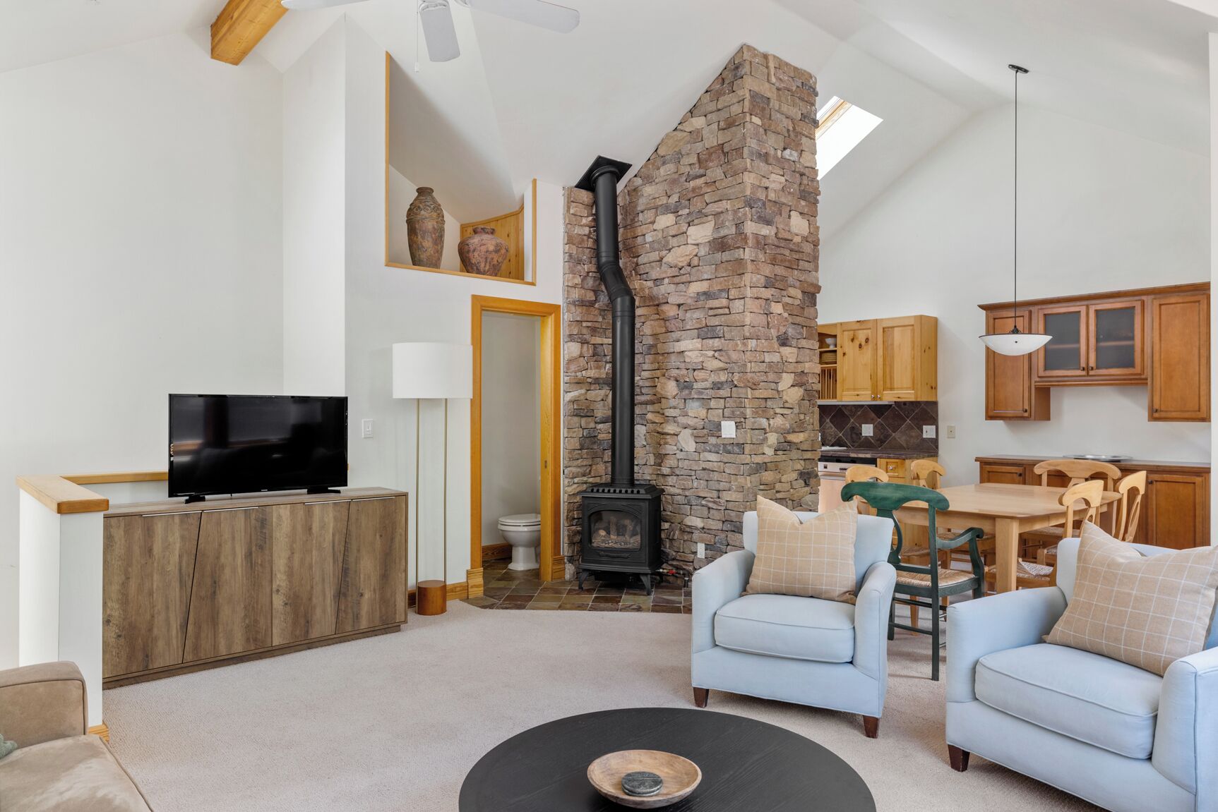 Smart TV, fireplace, books