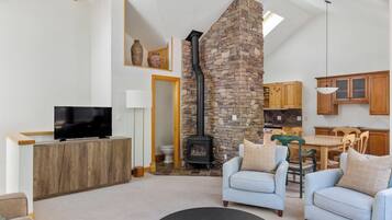 Smart TV, fireplace, books