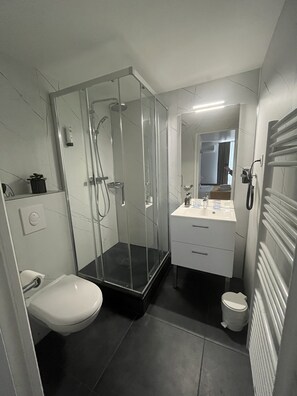 Ein modernes Badezimmer mit einer gläsernen Duschkabine, einer weißen Toilette, einem Waschbecken mit Spiegel und einem Handtuchhalter.