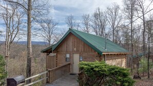 A wooden cabin with a green roof, a wooden deck, and a view of the surrounding forest.