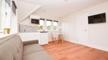 Split Level Deluxe Studio Apartment | Opholdsområde | Fladskærms-tv, gulvvarme