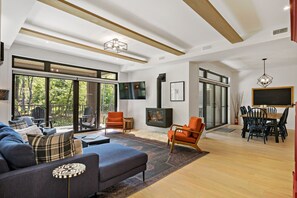 Smart TV, chimenea y estéreo