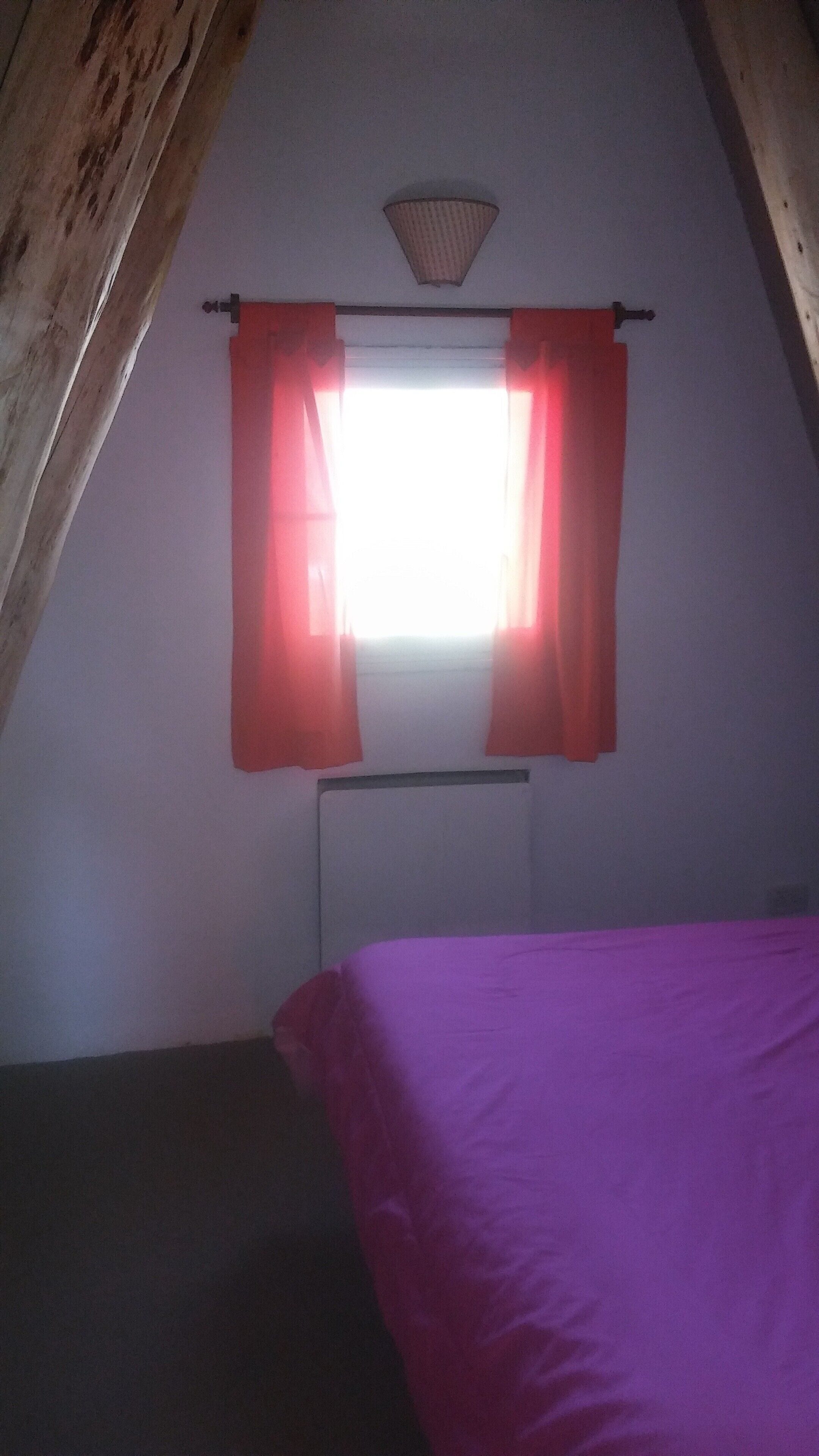 Une pièce avec un plafond en pente, une fenêtre ornée de rideaux rouges et un lit recouvert d’une couverture violette.