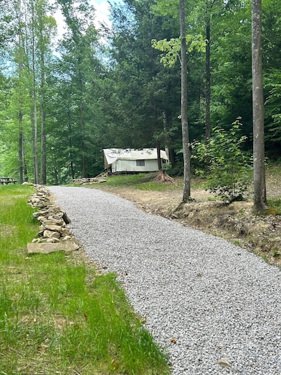 Glamping safari tent overlooking pond. Kid and pet friendly.