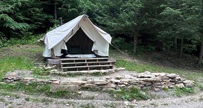 Glamping safari tent overlooking pond. Kid and pet friendly.