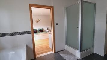 Hair dryer, towels, soap, shampoo