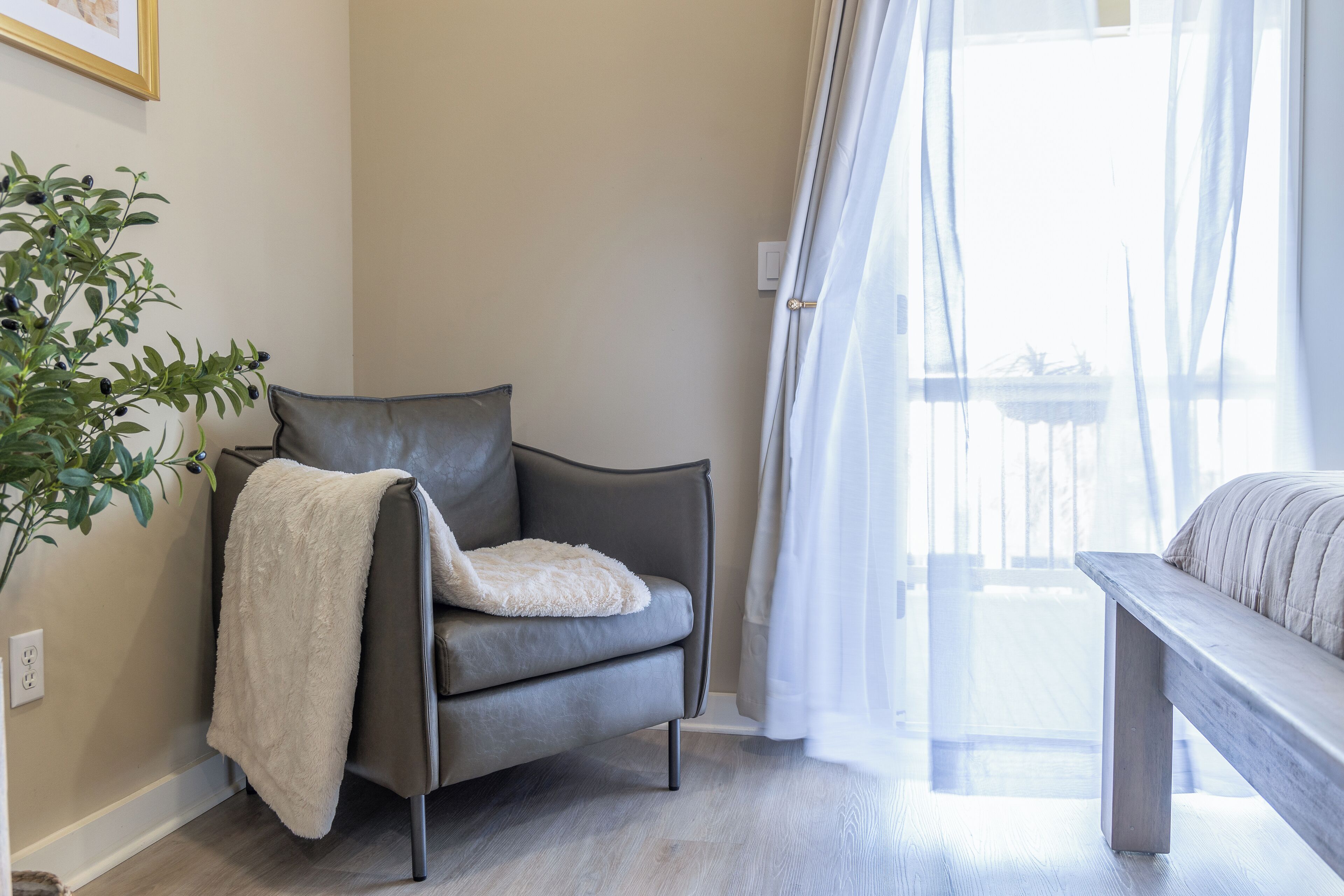 En moderne stue med en grå sofa, et hvidt pled, en træbænk og en potteplante.
