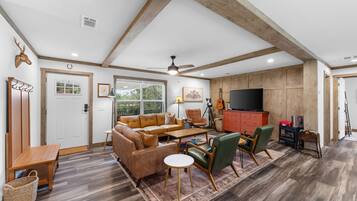 Smart TV, fireplace, books