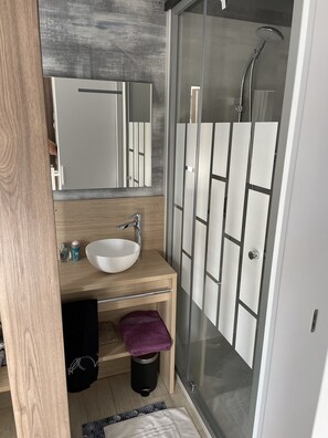 Features a sleek vessel sink, large mirror, and glass-enclosed shower with handheld showerhead.