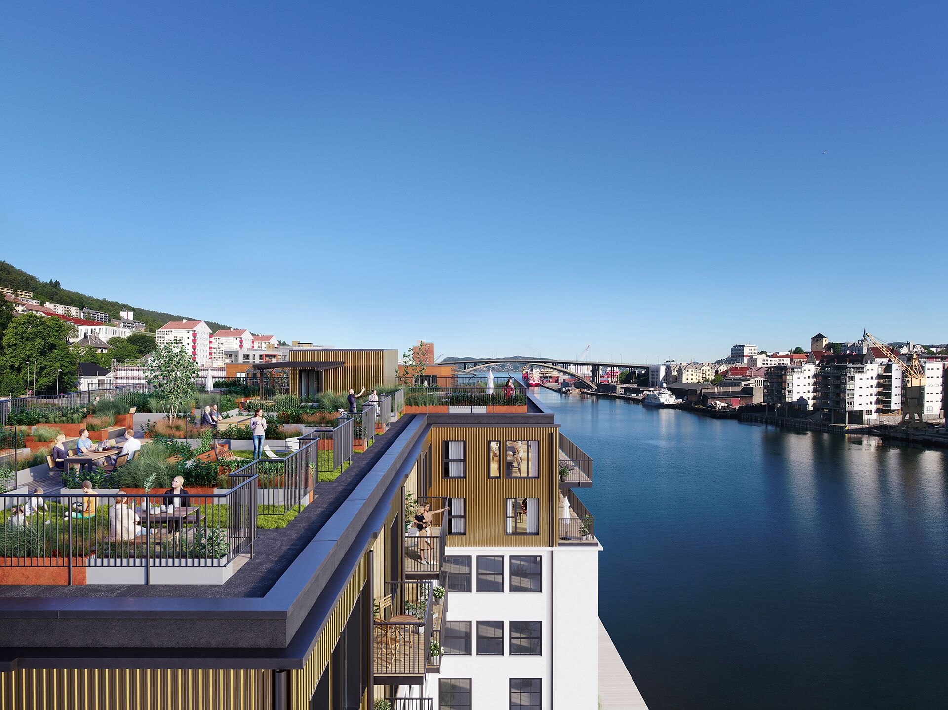 Moderni rakennus, jossa on kattopuutarha, näköala joelle ja silta taustalla.