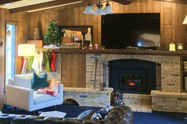 Smart TV, chimenea, libros