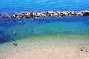 A beach with clear water, a rocky breakwater, and people on the shore.